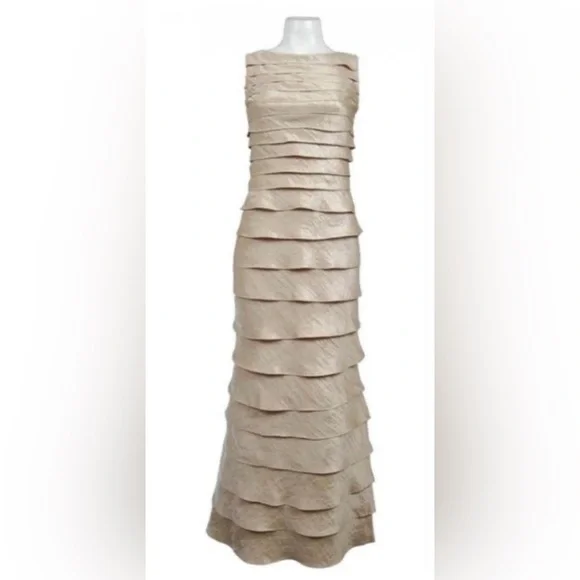 Adrianna Papell Tiered Ruffle Long Sleeveless Gown Champagne Gold Dress Size 4 - Picture 2 of 4